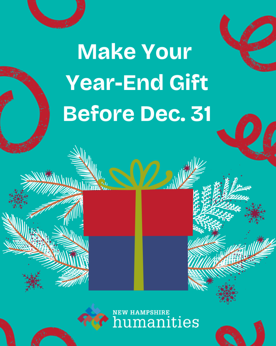 A red and gold gift on a teal background with festive decor inviting you to make your year-end gift before Dec. 31